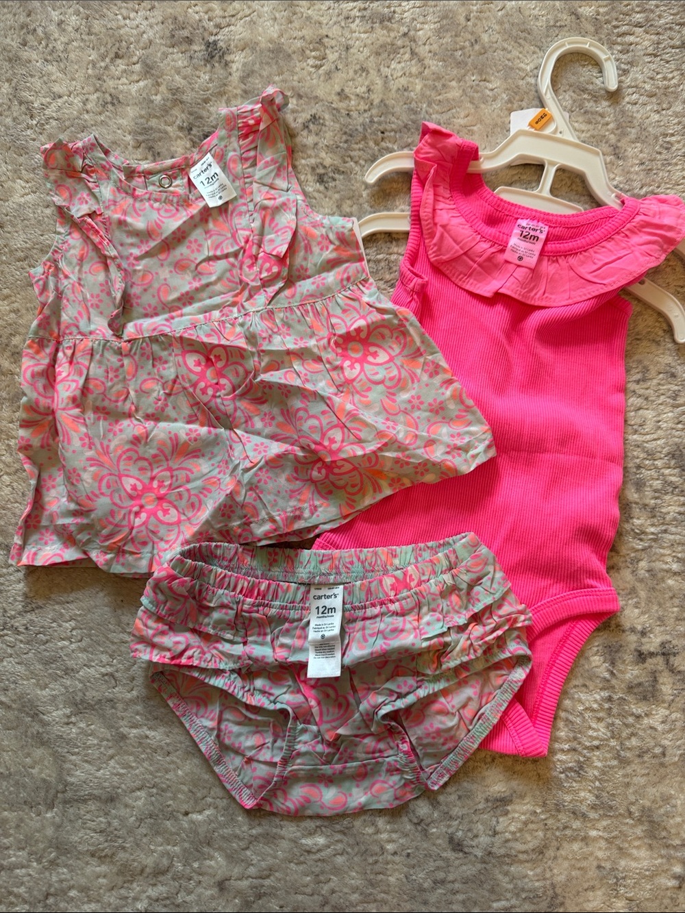 NWT 12mo Carter's Pink Floral Dress Set with Hot Pink Ruffle Bodysuit